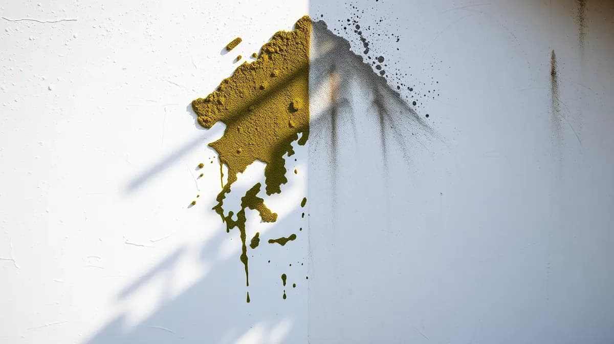 Rendered wall half cleaned of green algae