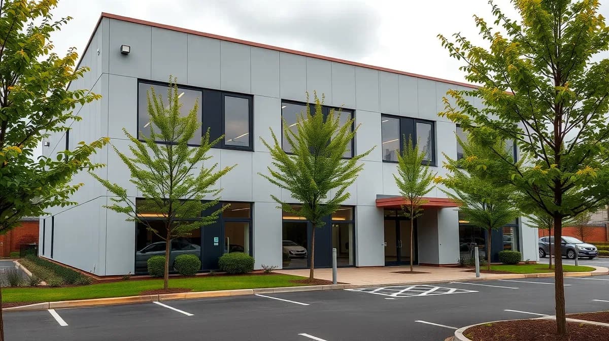 Commercial building with grey rendered elevations