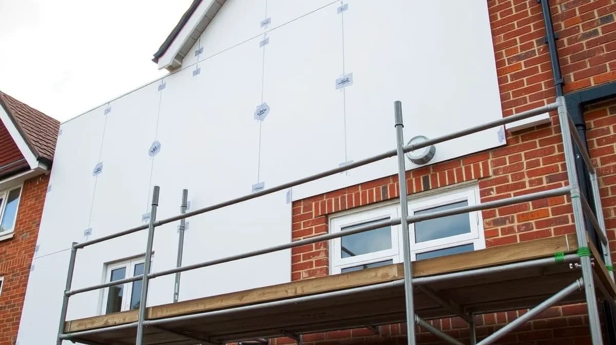 External wall insulation boards fitted behind scaffolding