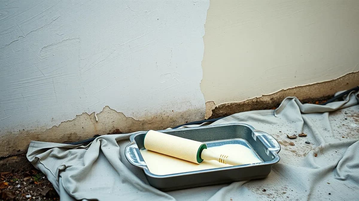 Masonry paint roller beside a partly painted rendered wall