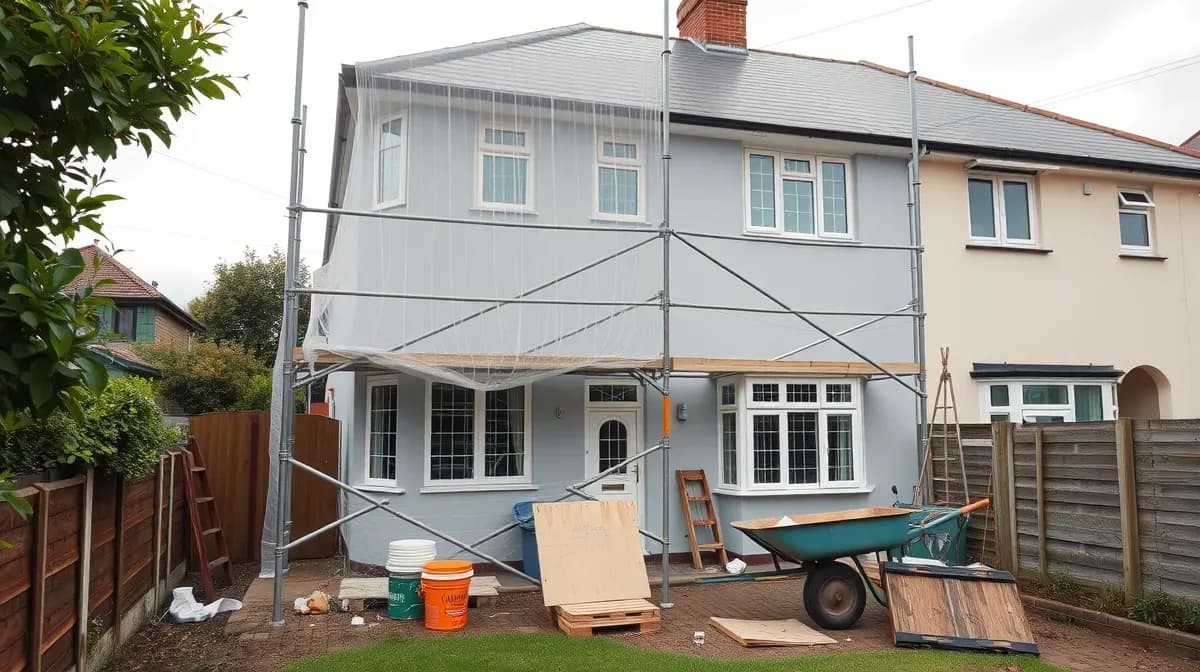 House in scaffolding partway through rendering